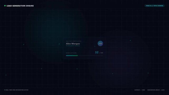 Data dashboard interface displaying lead identification metrics with glowing blue graphical elements on a dark digital grid technology motion background