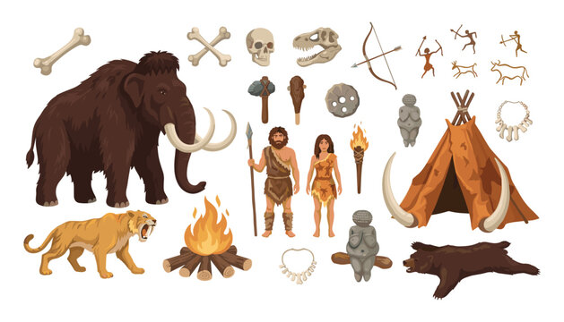 Stone age and prehistoric caveman elements set with mammoth saber-toothed tiger tools and weapons vector illustration