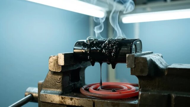 glossy black polycarbonate vape outer casing melting inside a secured horizontal metal vice under intense external heat