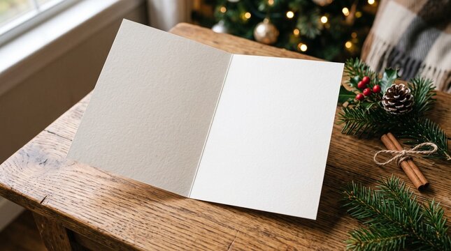 Blank Christmas Greeting Card Mockup on Wooden Table with Festive Decorations and Tree Lights