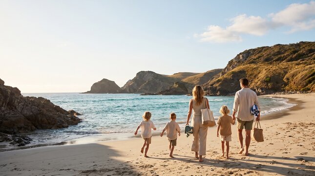 Family of five, ocean waves and rocky coastal cliffs background, walking along sandy shoreline from rear view, sunny tropical beach landscape, travel photography