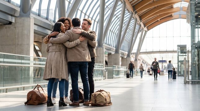 Group of four multiethnic friends, travel duffel bags on floor and glass architectural roof, standing in circle embracing each other, modern airport terminal concourse, travel photography