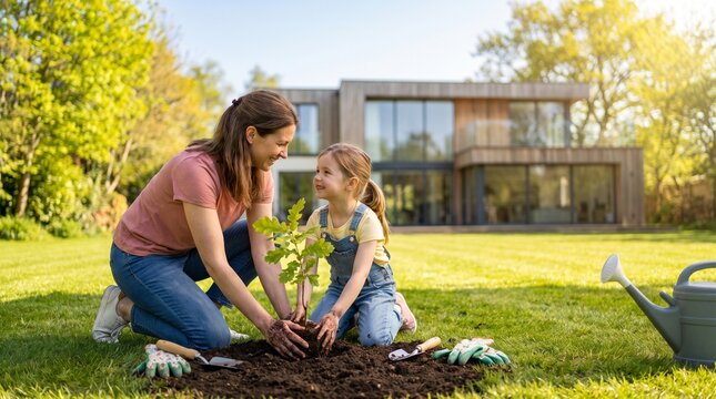 Mother and young daughter, oak tree sapling in rich soil with watering can on lawn, kneeling on grass while planting tree together, modern house backyard garden, environmental photography