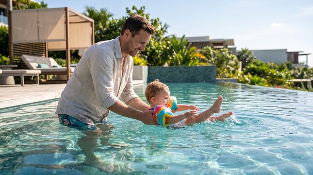 Father and toddler with inflatable arm floaties, with clear water splashing, holding child swimming in pool, at luxury resort patio, travel vacation photography