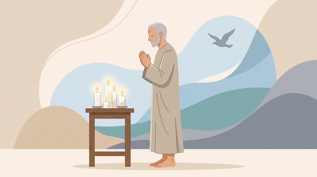 Man praying with lit candles in serene nature setting