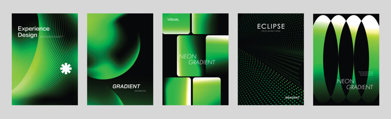 Fototapeta na wymiar Modern green gradient poster templates set. Abstract black and neon geometric backgrounds for branding, cover, flyer and social media design.