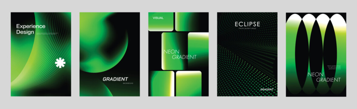 Modern green gradient poster templates set. Abstract black and neon geometric backgrounds for branding, cover, flyer and social media design.