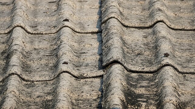 Close-up of weathered gray roof tiles with corrugated texture and black mold. Aged building material background featuring rustic patterns and rusty nails for construction concepts.