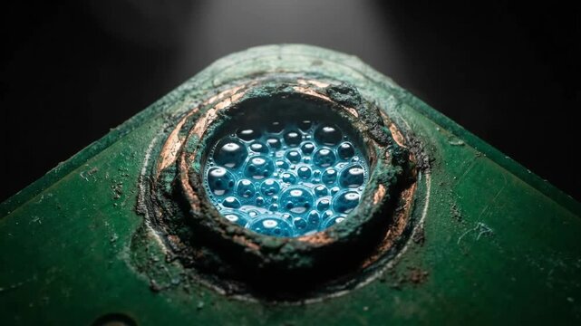 blue sulfate liquid bubbling from a rough green corroded copper via hole in a horizontal printed circuit board