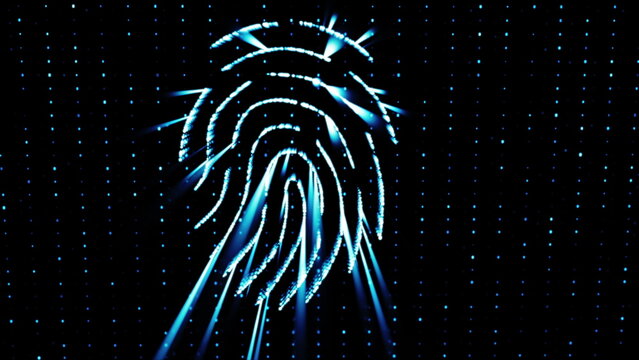 Holographic Blue Fingerprint Scanner - Biometric Security, Digital Identity, Particle HUD Projection