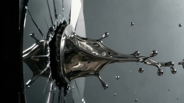 Heavy drop of solvent splashing against a shattered ceramic glass hard drive platter standing on edge