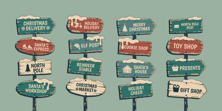 Retro Christmas Delivery wooden direction signs set with festive arrows, holiday lettering and vintage roadside signs. Vector illustration for Christmas delivery, shipping and holiday designs
