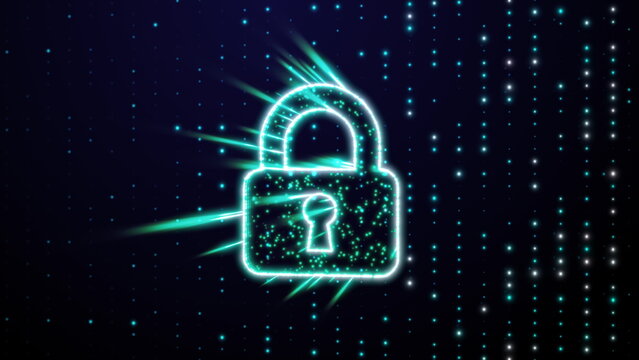 Digital padlock animation with an AI monitoring for threats showing an advanced machine learning firewall and proactive cybersecurity defense