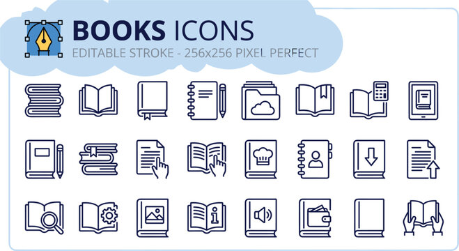 Literature and academic education linear editable stroke icon set featuring textbook open notebook magnifying glass digital e-reader and library archive folder vectors