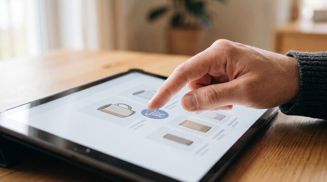 Person using a tablet device to browse products online and add items to a shopping cart with a finger tap