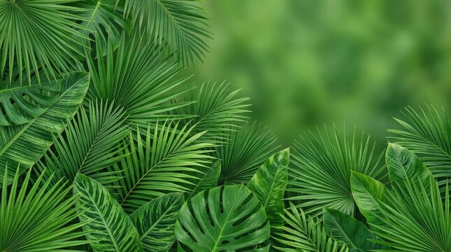 A dense collection of vibrant green tropical leaves fills the foreground, with a blurred background of more lush foliage.