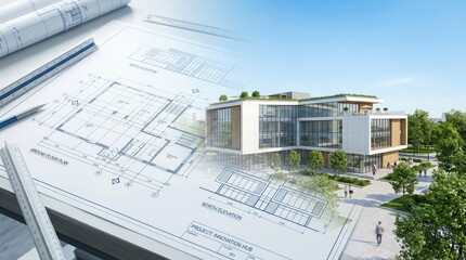 Obraz premium Architects lay out architectural blueprints on a table, showcasing a modern building design. The blueprints include north and ground elevation plans.