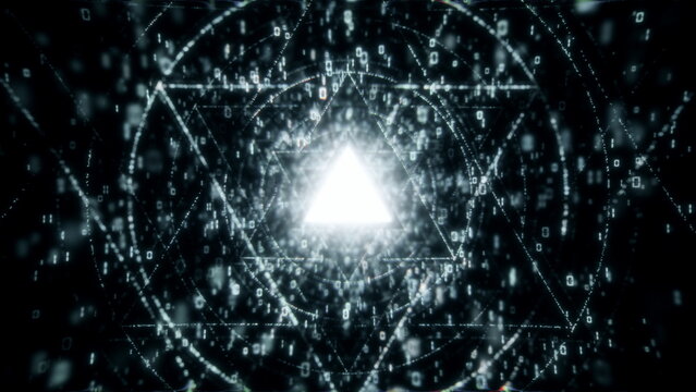 Dark Black Digital Tunnel with Floating Binary Numbers, Glowing Triangles, Cybersecurity, Hacker Data Stream, Futuristic Seamless Loop Animation