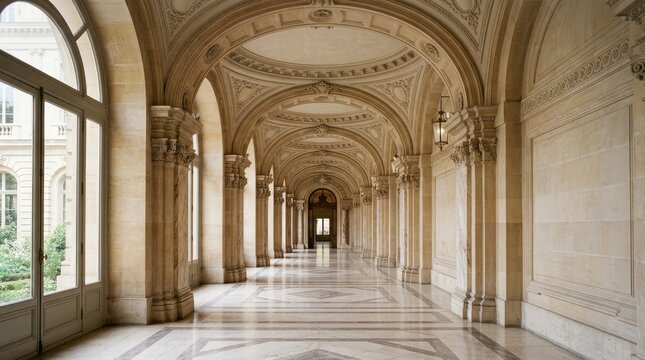 A long, arched corridor in a grand, classical building. The corridor is constructed of pale stone and features ornate columns, decorative moldings, and large windows.