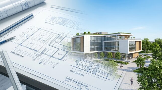 Architects lay out architectural blueprints on a table, showcasing a modern building design. The blueprints include north and ground elevation plans.