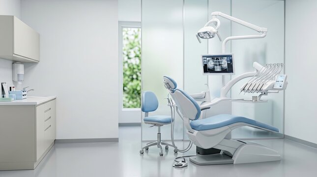 A dentist's office interior features a modern dental chair, an overhead light, and a digital X-ray system. A dentist is seated in the chair, preparing for an examination.