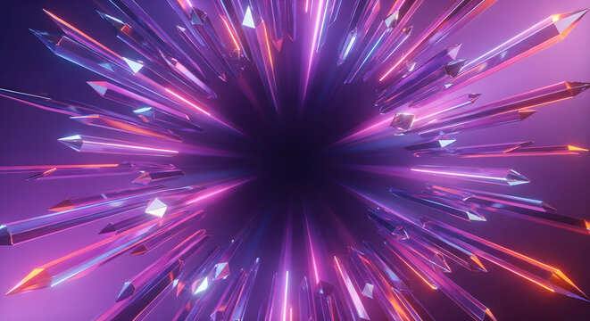 Abstract 3D crystal explosion background with glowing neon pink and purple light rays, stock illustration