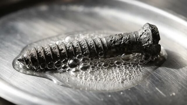 corroded magnesium alloy bone screw generating violent fizzing bubbles from its heavily pitted metallic surface