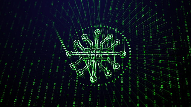 A glowing green digital processor with a matrix of binary code data streams, suitable for technology and finance-related presentations and social media. This is a 4k 3d render.