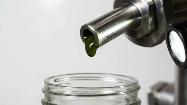 polished stainless steel sampling valve dripping a thick viscous green fluid from its metal tip