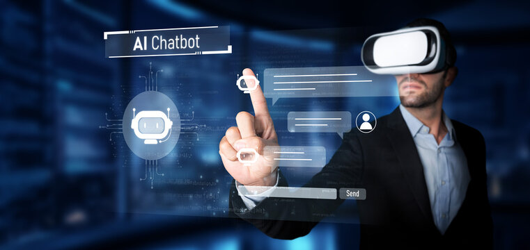 A professional interacts with a state-of-the-art AI chatbot in a virtual reality setting, showcasing the future of personal assistance and automation in technology. XDMCP