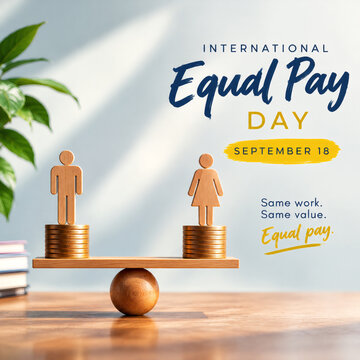 Wooden male and female figures standing on balanced coin stacks representing wage equality for international equal pay day celebration graphic