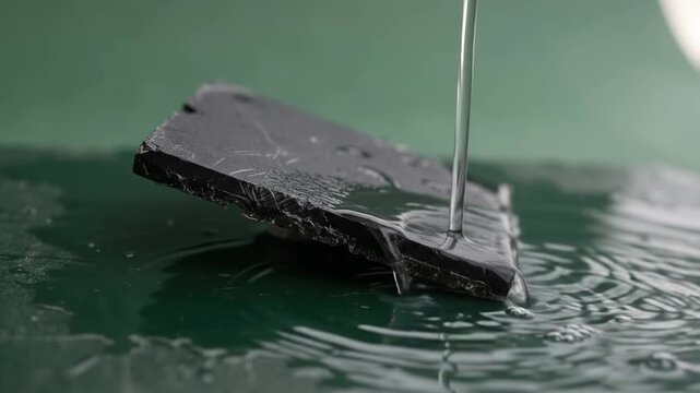 steady stream of clear solvent washing a detached black epoxy silicon microchip with scratched edges tilted downward