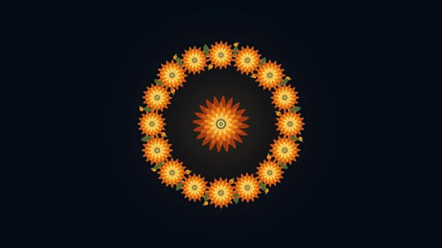 A magnificent circular Indian flower garland assembles symmetrically into a glowing mandala shape over a regal dark blue background, finishing with a golden light sweep and heartbeat pulse