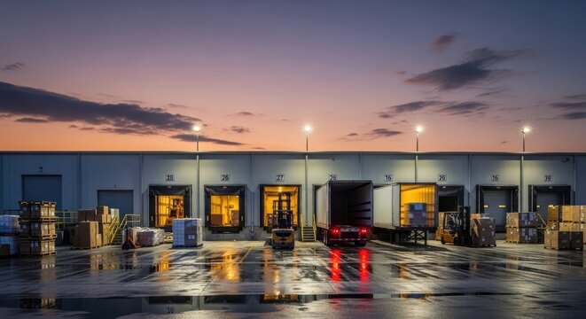A forklift operator loads a truck at a warehouse during twilight. The scene features a large industrial building with multiple loading docks, illuminated by streetlights.
