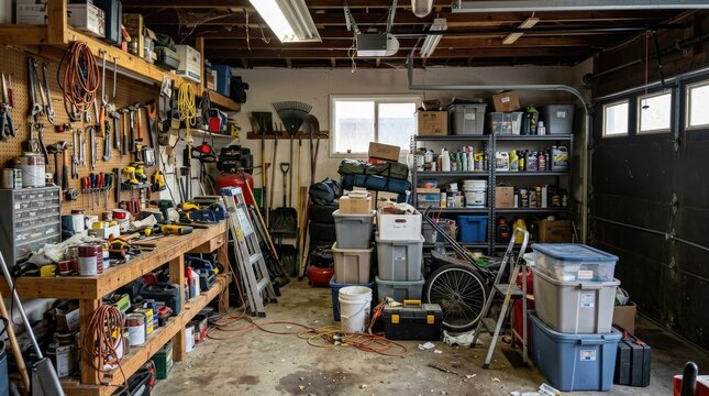 A cluttered garage reveals a workshop space filled with tools, equipment, and storage containers. A workbench dominates the left side, alongside a pegboard stocked with various tools.
