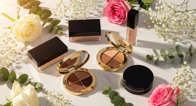 A luxurious makeup palette and lipstick are arranged on a marble surface amidst a bouquet of fresh flowers. The palette features a gold-toned case and a selection of eyeshadows and a blush.
