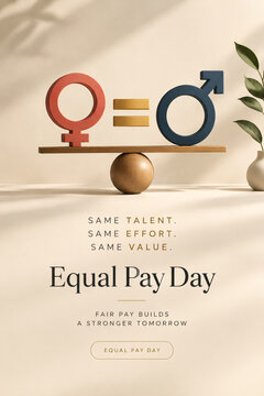 Gender symbols balancing on a wooden scale represent concepts of equality and fair pay in this soft elegant studio composition