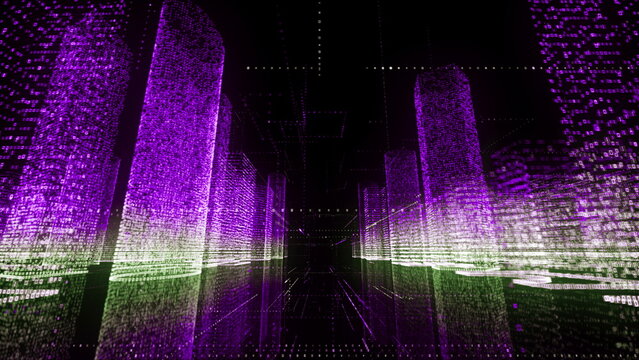 abstract modern city wireframe in bright purple and white colors consist of particles connected in lines and massives. Digital technology and communication concept background. 3D rendering 4k video.