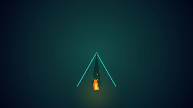 Abstract Rocket Launch: A minimalist depiction of a rocket ascending, outlined by a geometric triangle and illuminated by a fiery trail, symbolizing innovation and space exploration.