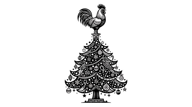 Christmas tree with rooster illustration