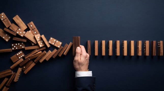 A hand intervenes to stop falling dominoes, symbolizing risk management and preventing negative consequences in a business or project.