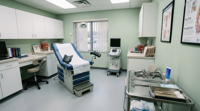 A medical professional stands in a prenatal care examination room. The room features a gynecological examination table, an ultrasound machine, and various medical instruments.