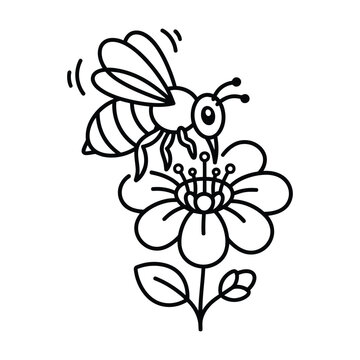 Cute cartoon honey bee pollinating a flower line art coloring page illustration vector