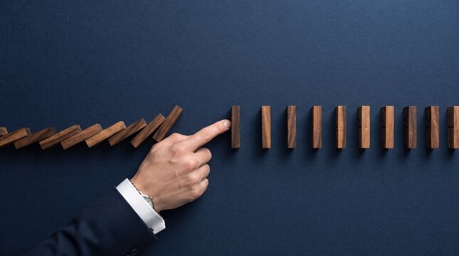 A hand pointing at a domino, poised to either continue or halt the falling sequence and representing a choice or turning point.
