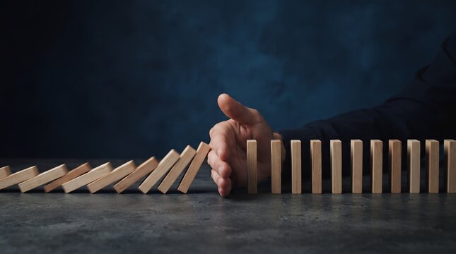 A hand blocking a line of falling dominoes, signifying protection, stability, and the prevention of a cascading failure.