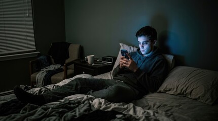 Fototapeta premium A young man lies on a bed, illuminated by the blue light of his smartphone. He is deeply engrossed in his phone, his expression suggesting a contemplative or perhaps melancholic mood.