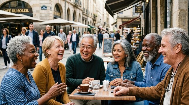 A group of older adults laugh and chat animatedly while enjoying coffee and drinks at an outdoor cafe table. Several people are smiling and engaged in conversation.
