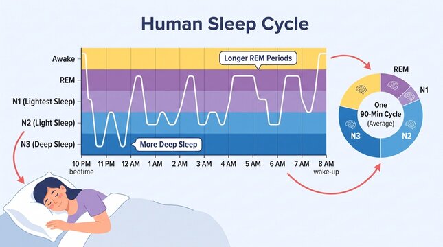 Human sleep cycle infographic showing stages and rem patterns