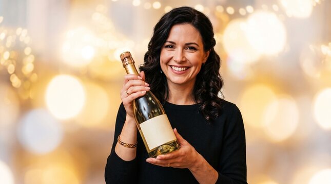 Smiling woman holding a bottle of champagne with a blank label against a bokeh background of golden lights