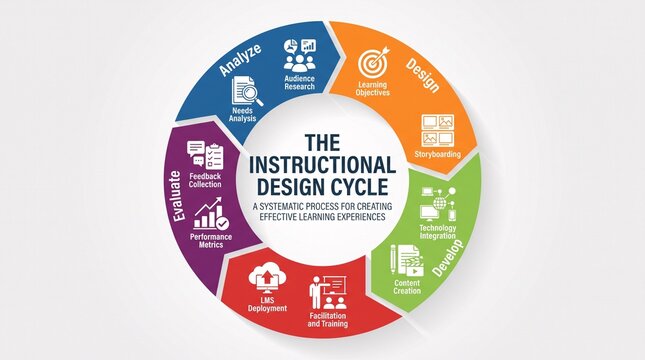 Instructional design cycle infographic showing education process